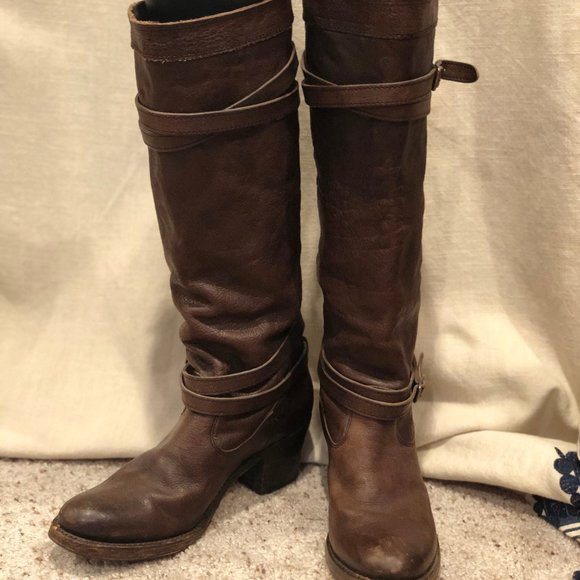 Belted Frye Boots with Heel. Chocolate Brown
